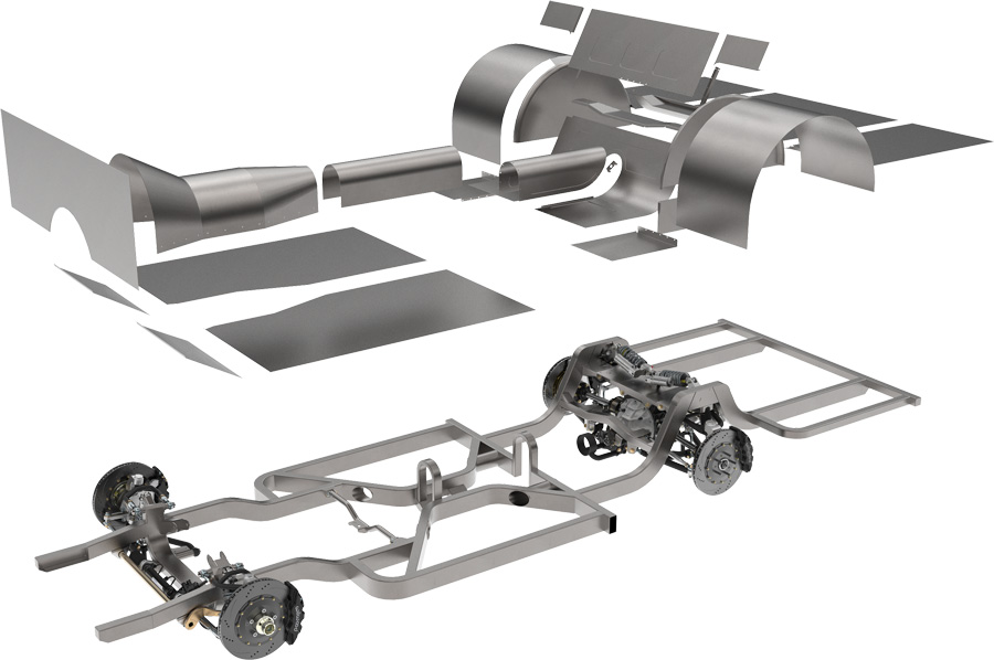 Exploded technical rendering of a Chassisworks full builder chassis kit showing the complete perimeter frame rails, front and rear suspension assemblies, and the matching weld-in floor pan and wheel tub system